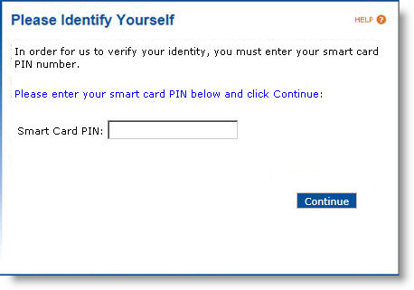 User portal login page with a field to enter your Smart Card PIN and a Continue button at the bottom of the screen